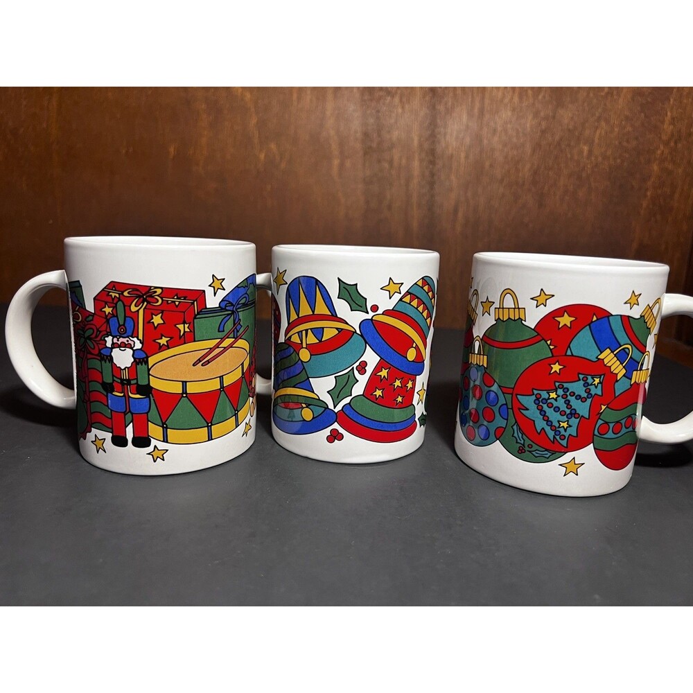 Vintage 3pc  “Joyful Christmas” At Home Vibrant Coffee Mugs Cups